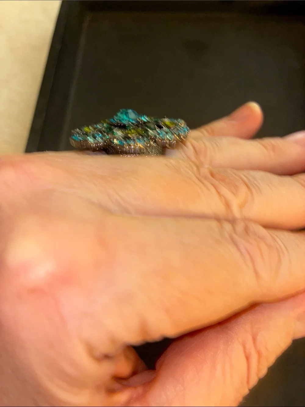Floral Teal & Green Crystal Cocktail Stretch Ring